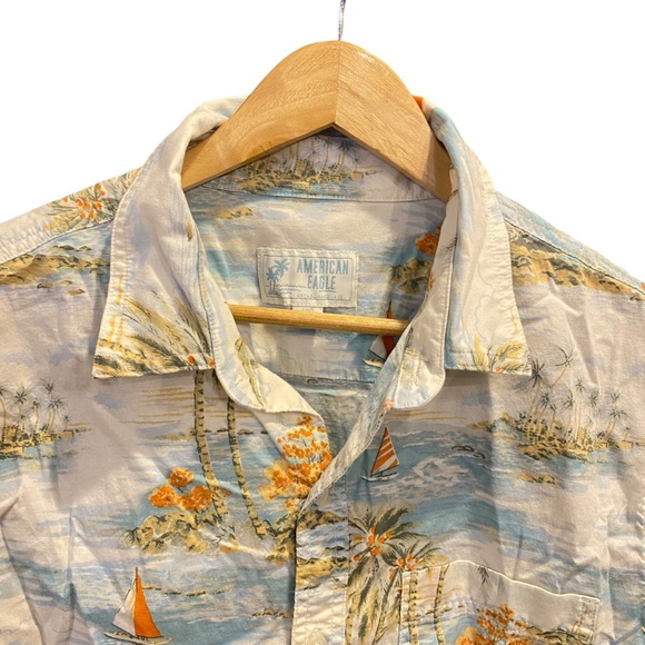 American Eagle Hawaiian Shirt Mens Sz‎ L Button Up Cotton Tropical Beach Sailing - Picture 2 of 8